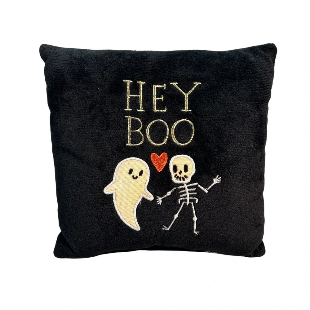 Halloween Decor Pillow Black Ghost Skeleton Hey Boo Embroidered Accent Red Heart